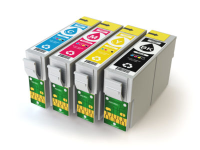 etiquette chimie CMYK cartridges for colour inkjet printer isolated on white. 3d illustration
