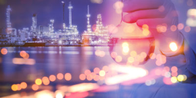 Double exposure of laboratory test tube and Oil refinery plant Double exposure of laboratory test tube and Oil refinery plant
