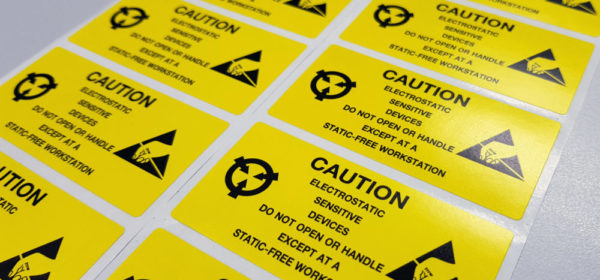 etiquette technique Standard caution label with text "Caution" for Electrostatic Sensitive Devices (ESD) in electronic industrial.