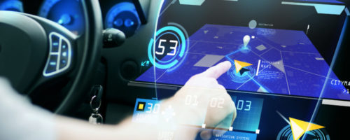 voiture futuriste transport, destination, modern technology and people concept - male hand searching for route using navigation system on car dashboard screen
